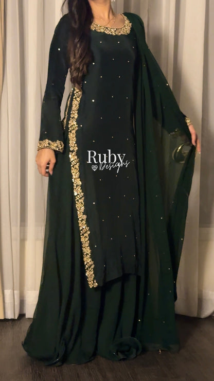 ZAINA Emerald - 3 Piece Silk Suit with Gold Handwork