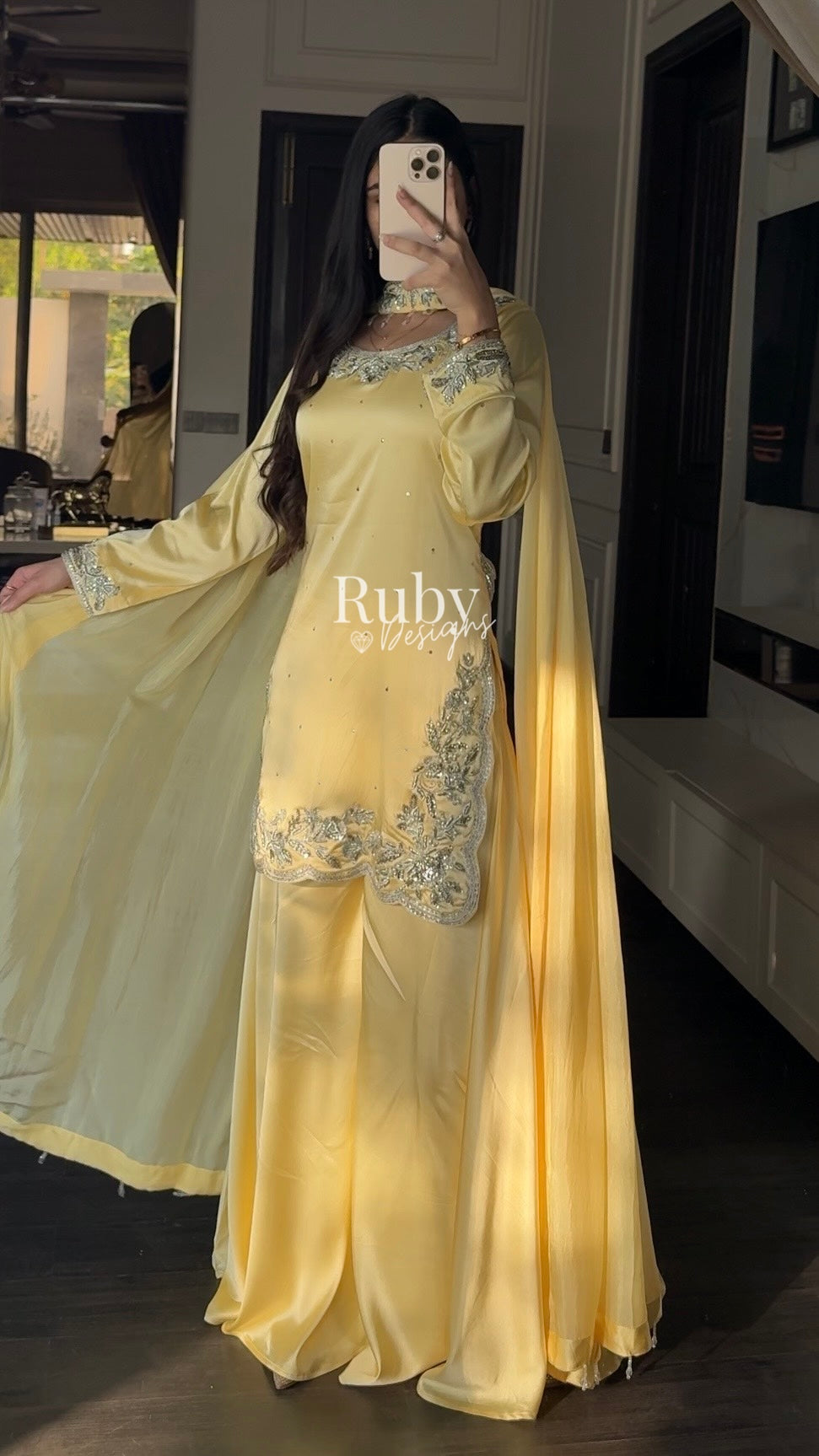 PARISA - 3 Piece Butter Yellow Silk Suit with Sharara
