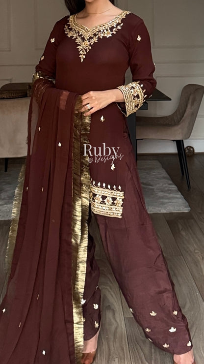 SAJAL Cocoa - 3 Piece Chiffon Suit with Farshi Shalwar and Gota Handwork