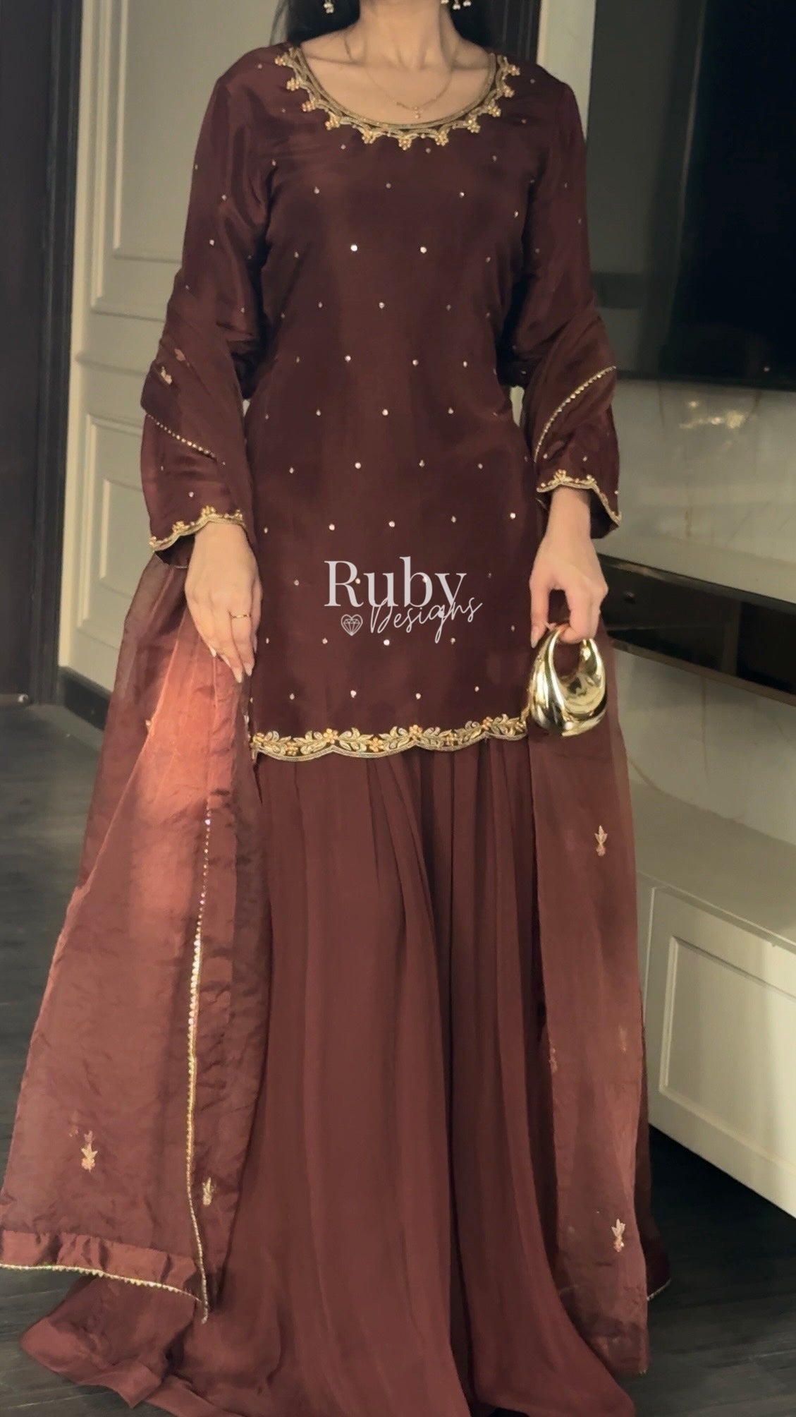 ZEBA Chocolate - 3 Piece Luxury Suit with Sharara