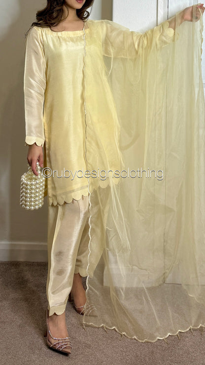HAYAT Butter - 3 Piece Silk Suit with Skinny Shalwar