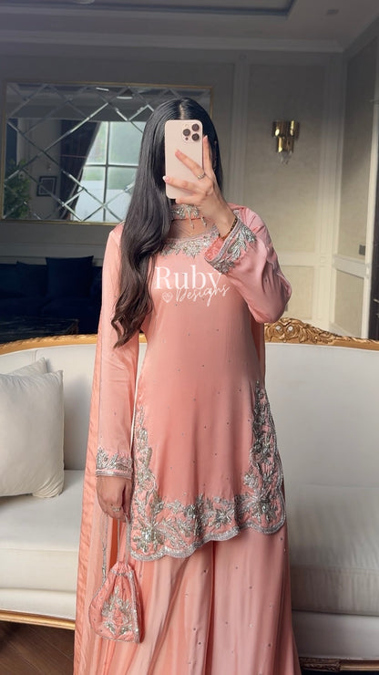 PARISA Peach - 4 Piece Silk Suit with Matching Potli Bag