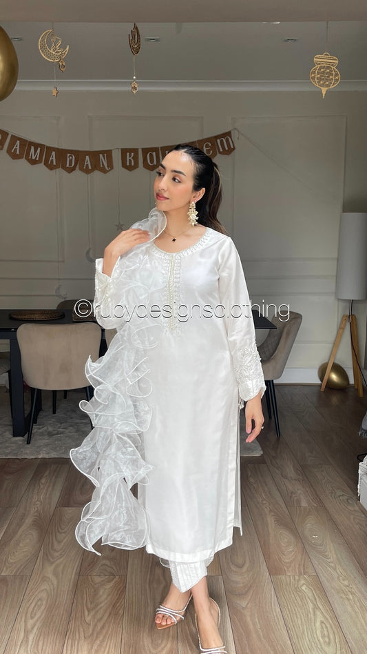 MIRAY White - 3 Piece Luxury Korean Raw Silk Suit with Ruffle Dupatta