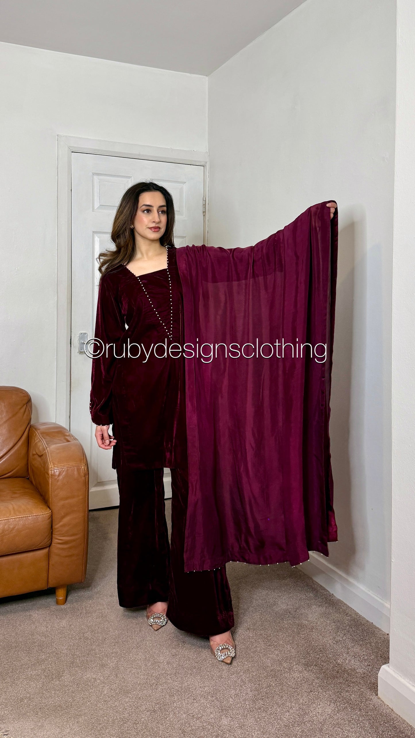 ANUM - 3 Piece Maroon Luxury Velvet Suit with Pearls
