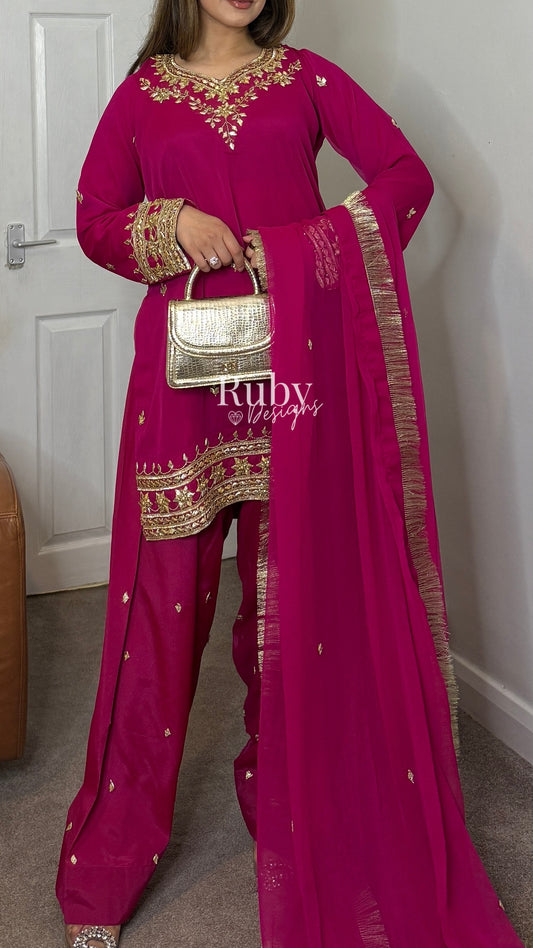 SAJAL Rose - 3 Piece Chiffon Suit with Farshi Shalwar and Gota Handwork