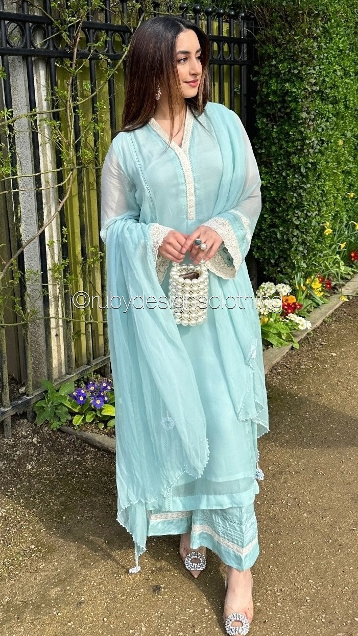 SABREENA- 3 Piece Baby Blue Chiffon Suit with Wide Leg Trouser