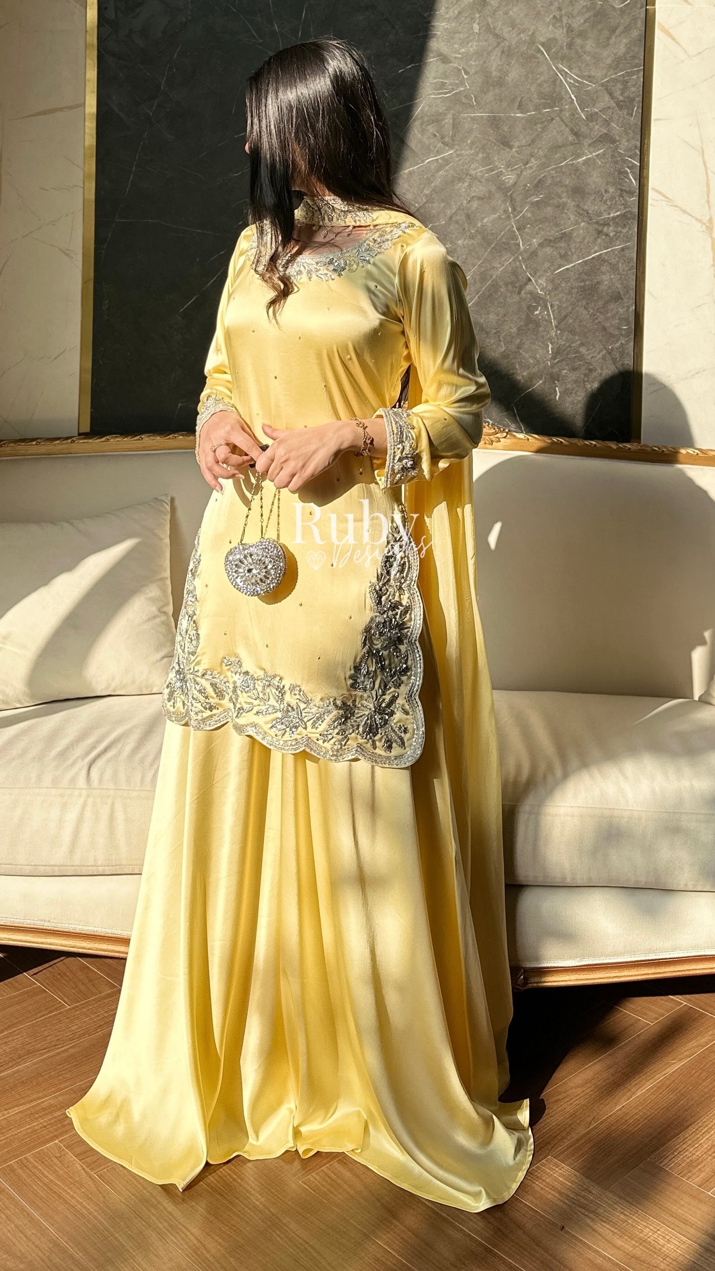 PARISA - 3 Piece Butter Yellow Silk Suit with Sharara
