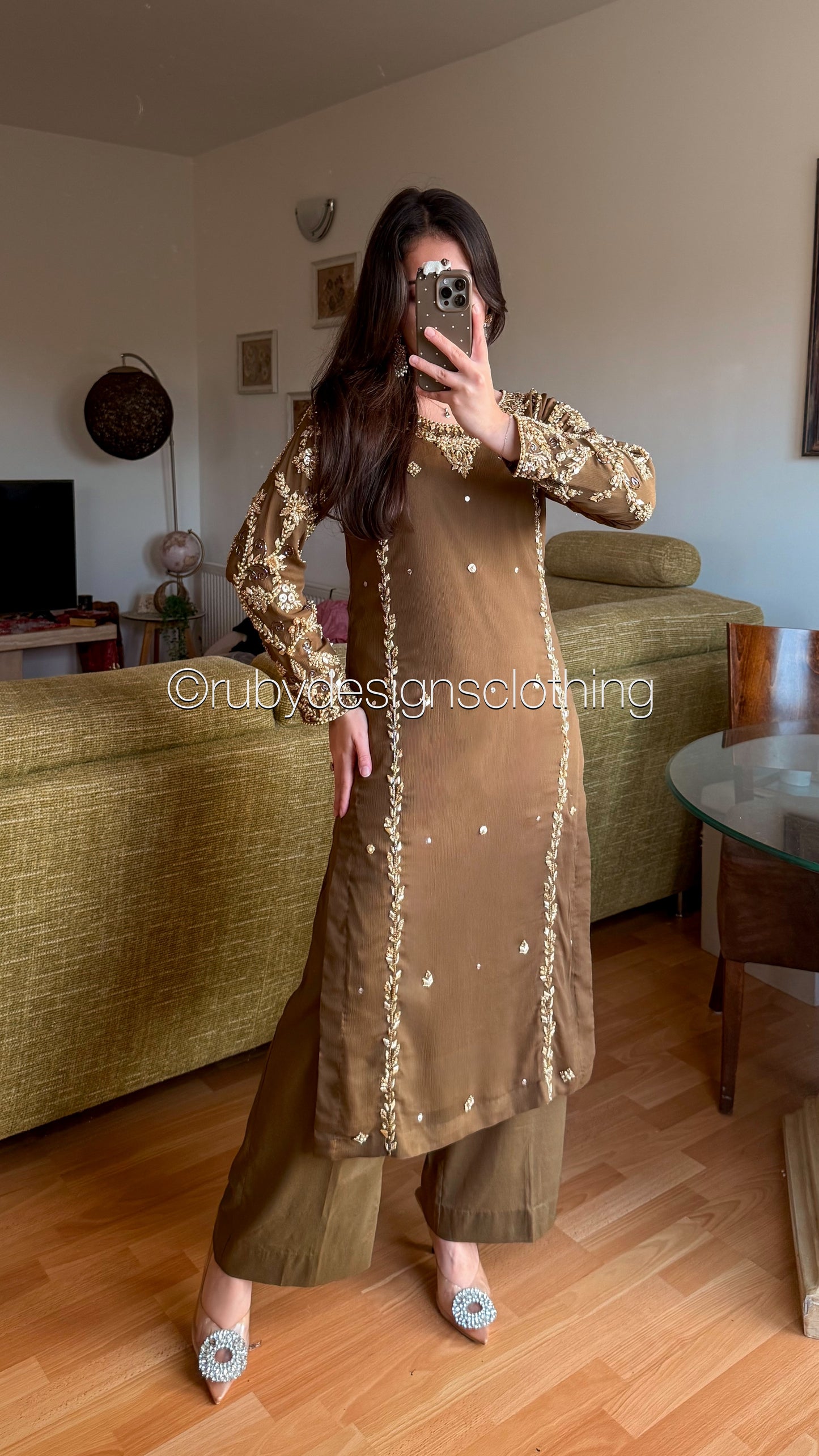 NAYRA Style 2 (Long Shirt) - 3 Piece Khaki Chiffon Suit with Trouser