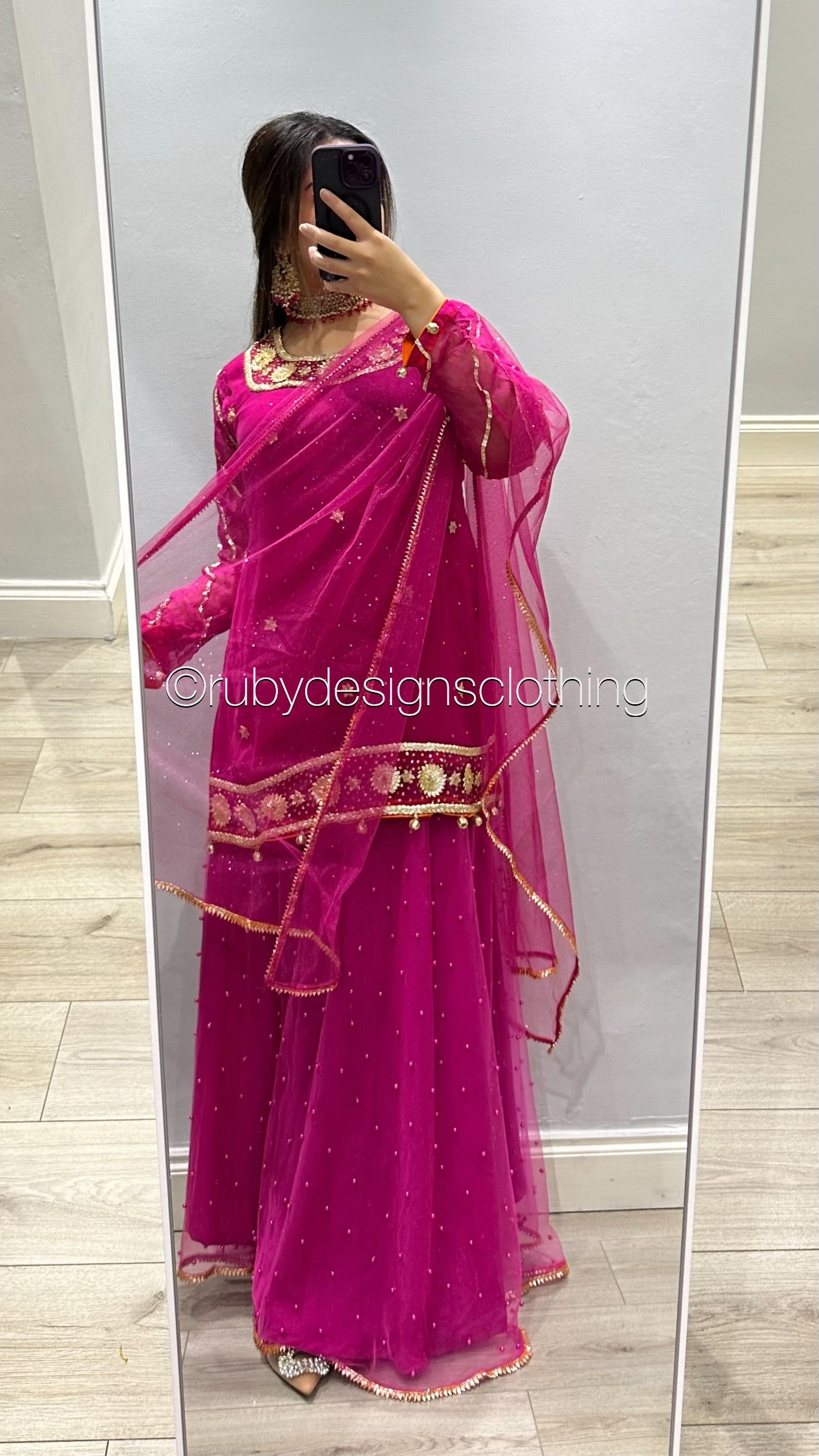 EXCLUSIVE SAMPLE - 3 Piece Hot Pink Chiffon Suit with Gota Work and Net Skirt (8746828628181)