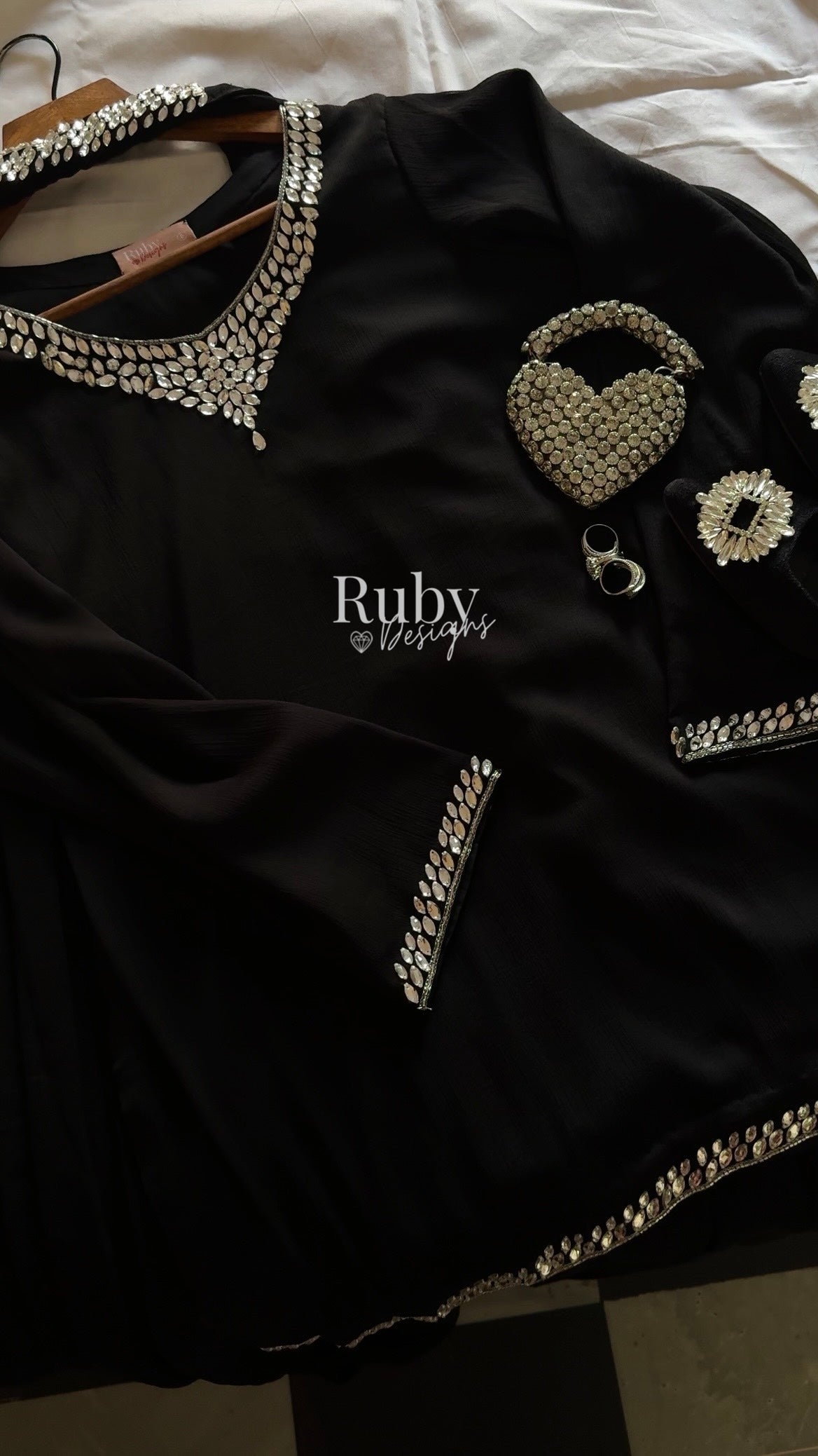 EISHA - 3 Piece Black Chiffon Suit with Premium Crystal Handwork