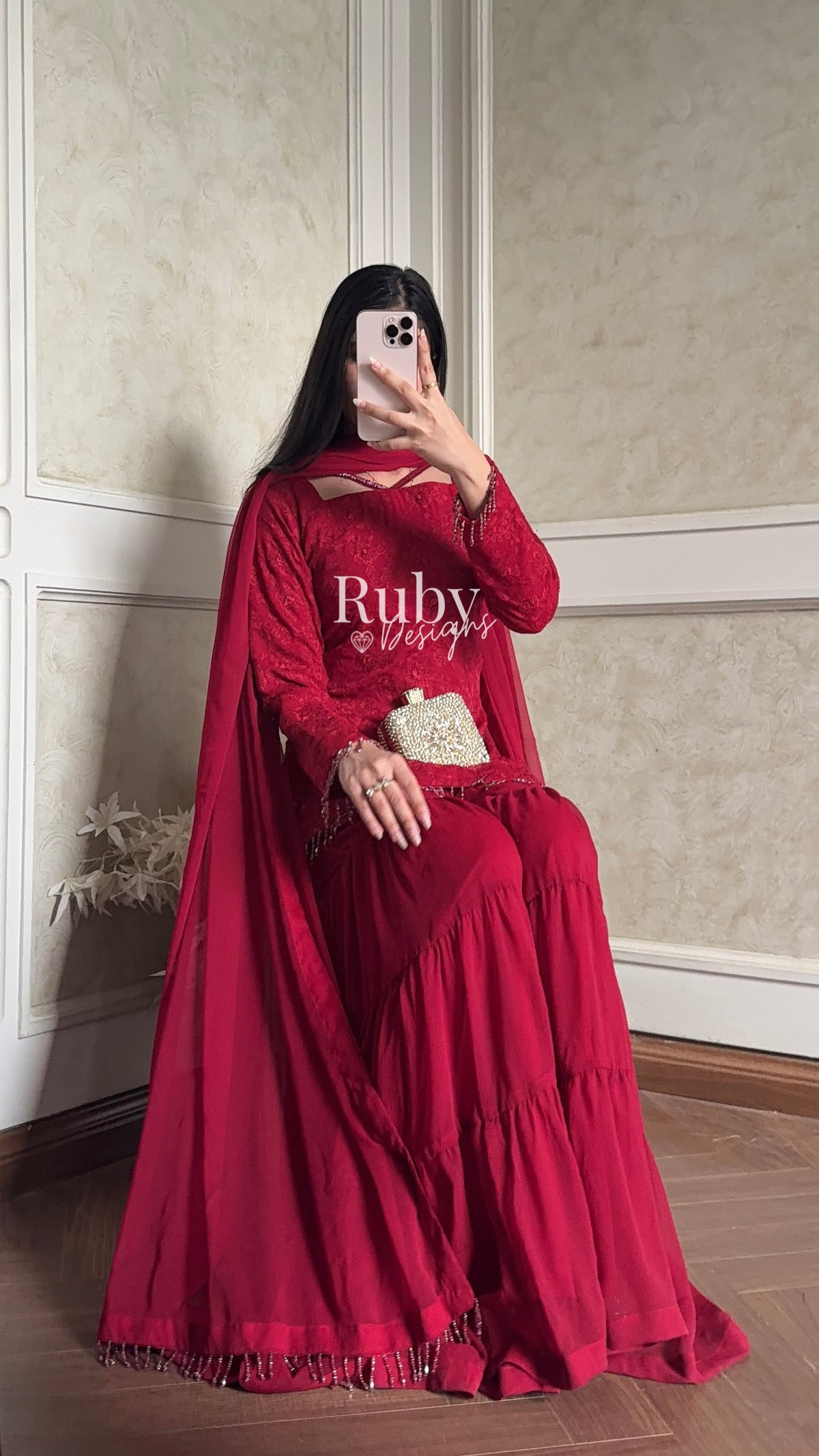 FARYAL Rouge - 3 Piece Chiffon Suit with Tiered Sharara
