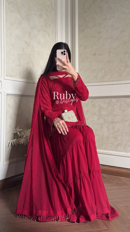FARYAL Rouge - 3 Piece Chiffon Suit with Tiered Sharara
