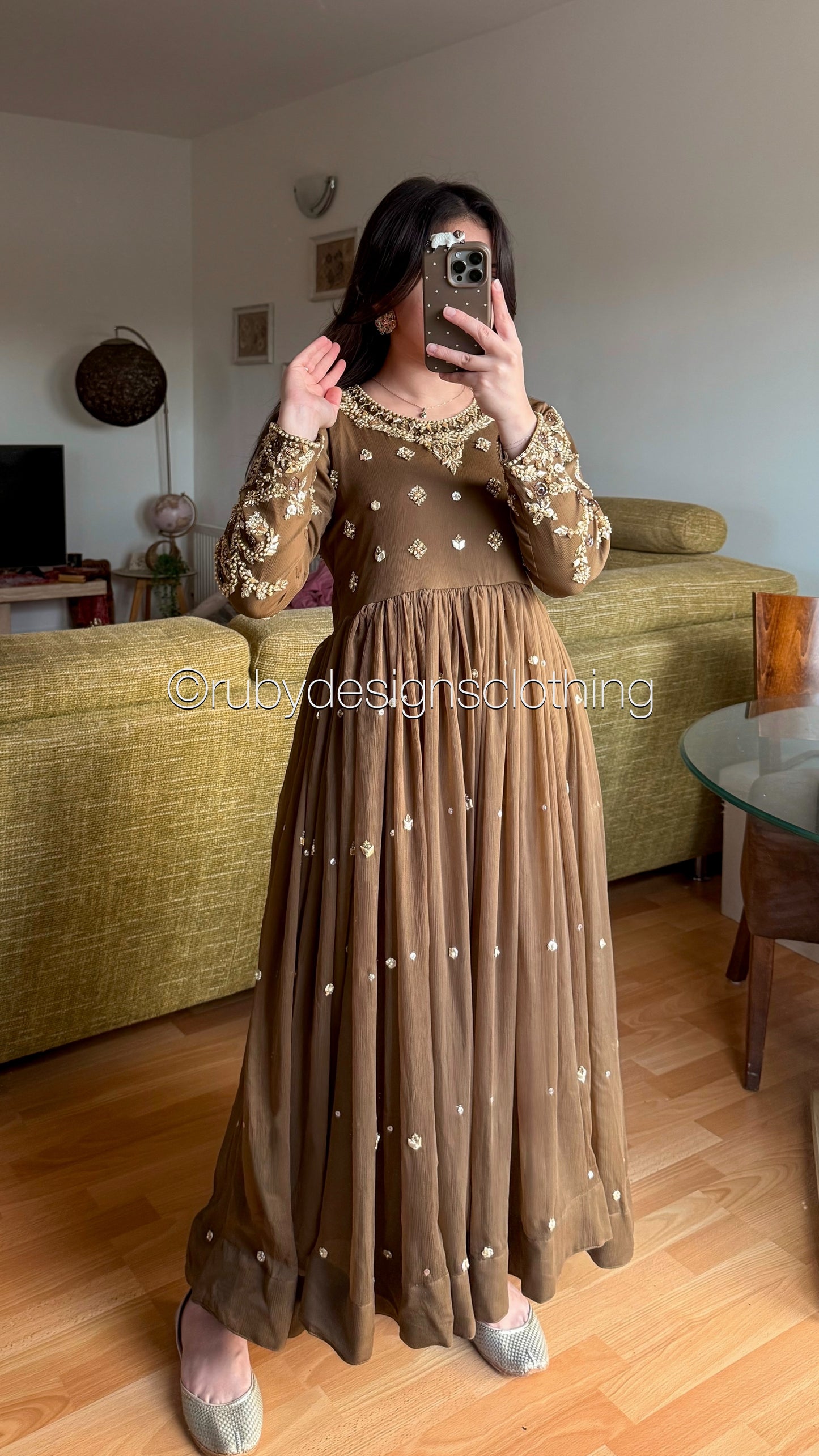 NAYRA Style 1 (Dress) - 3 Piece Khaki Chiffon Dress with Kiran Lace Dupatta and Churidaar Trousers