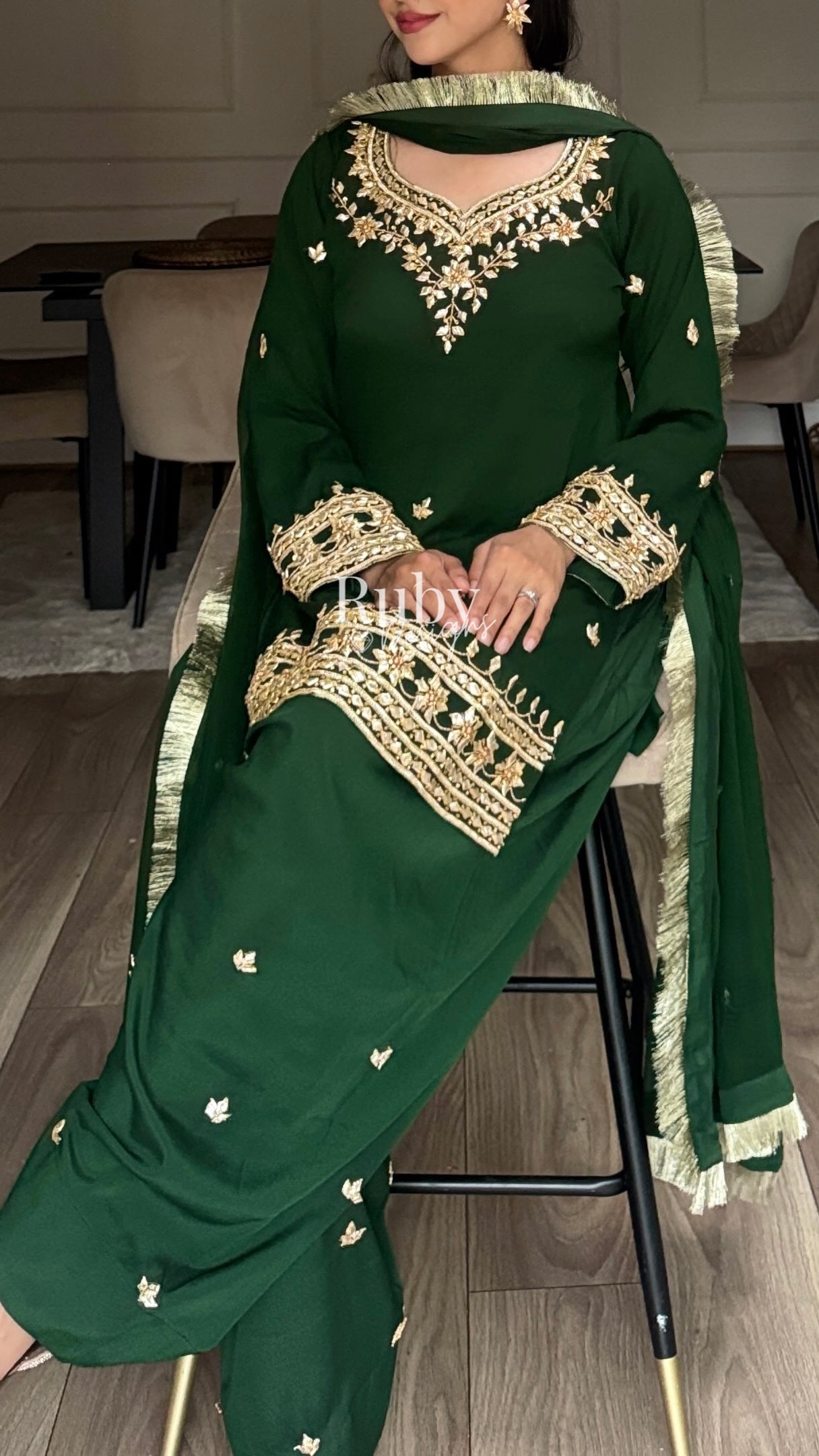 SAJAL Emerald - 3 Piece Chiffon Suit with Farshi Shalwar and Gota Handwork