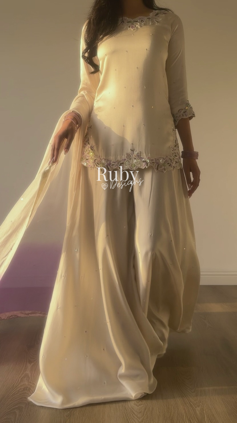 AMEERA - 3 Piece Off-White Silk Suit with Ombrè Dupatta
