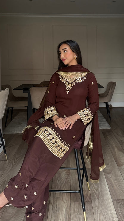 SAJAL Cocoa - 3 Piece Chiffon Suit with Farshi Shalwar and Gota Handwork