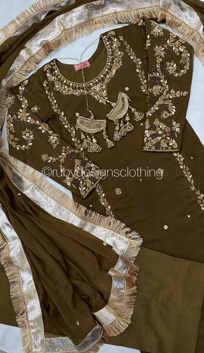 NAYRA Style 2 (Long Shirt) - 3 Piece Khaki Chiffon Suit with Trouser