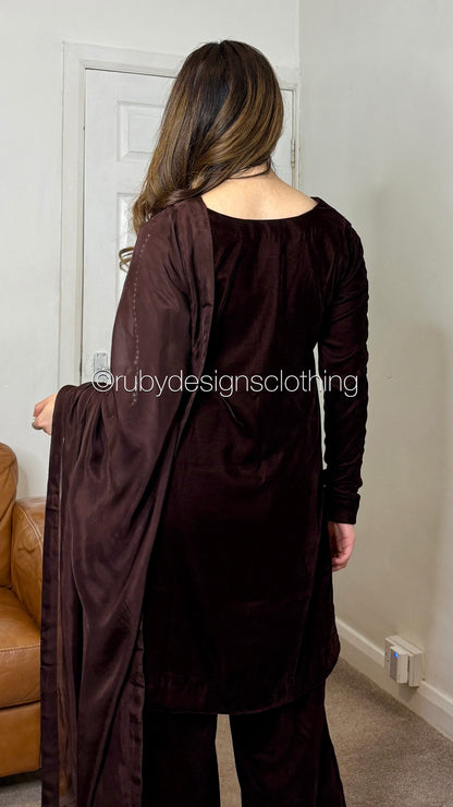 ADILA - 3 Piece Deep Brown Luxury Velvet Suit with Pearls