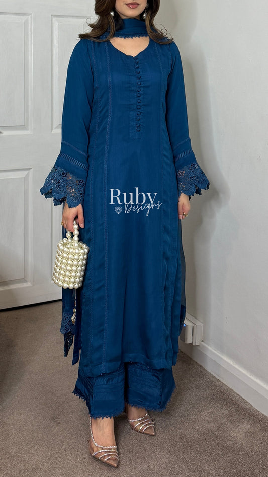 MINHA Teal - 3 Piece Chiffon Suit with Cutwork