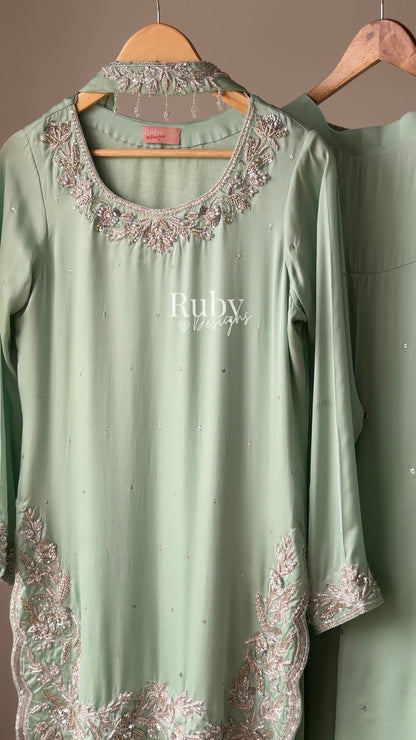 PARISA Sage - 4 Piece Silk Suit with Matching Potli Bag