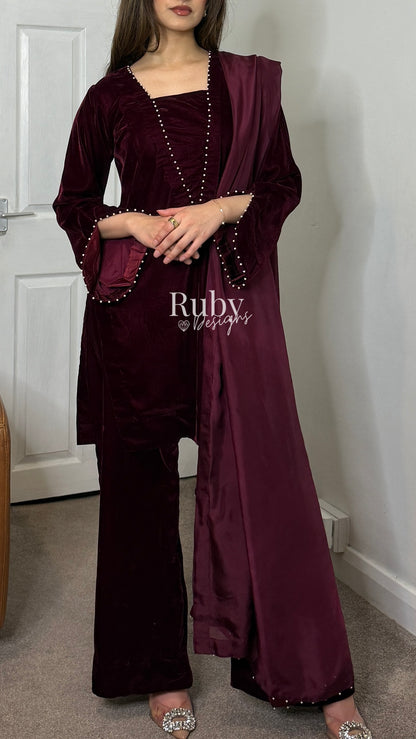 ANUM - 3 Piece Maroon Luxury Velvet Suit with Pearls