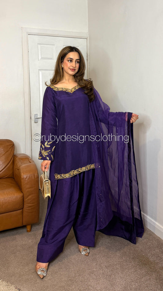 SHAFAQ Midnight - 3 Piece Raw Silk Suit with Farshi Shalwar