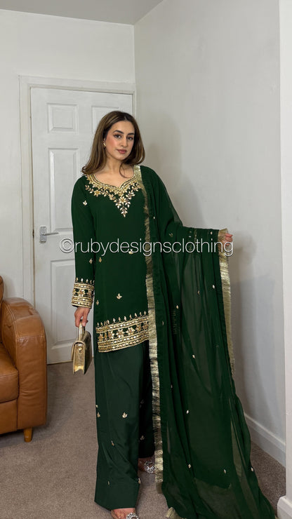 SAJAL Emerald - 3 Piece Chiffon Suit with Farshi Shalwar and Gota Handwork