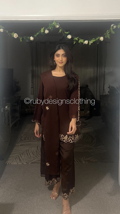 SAMAN Cocoa - 3 Piece Chiffon Suit with Embroidered Detailing