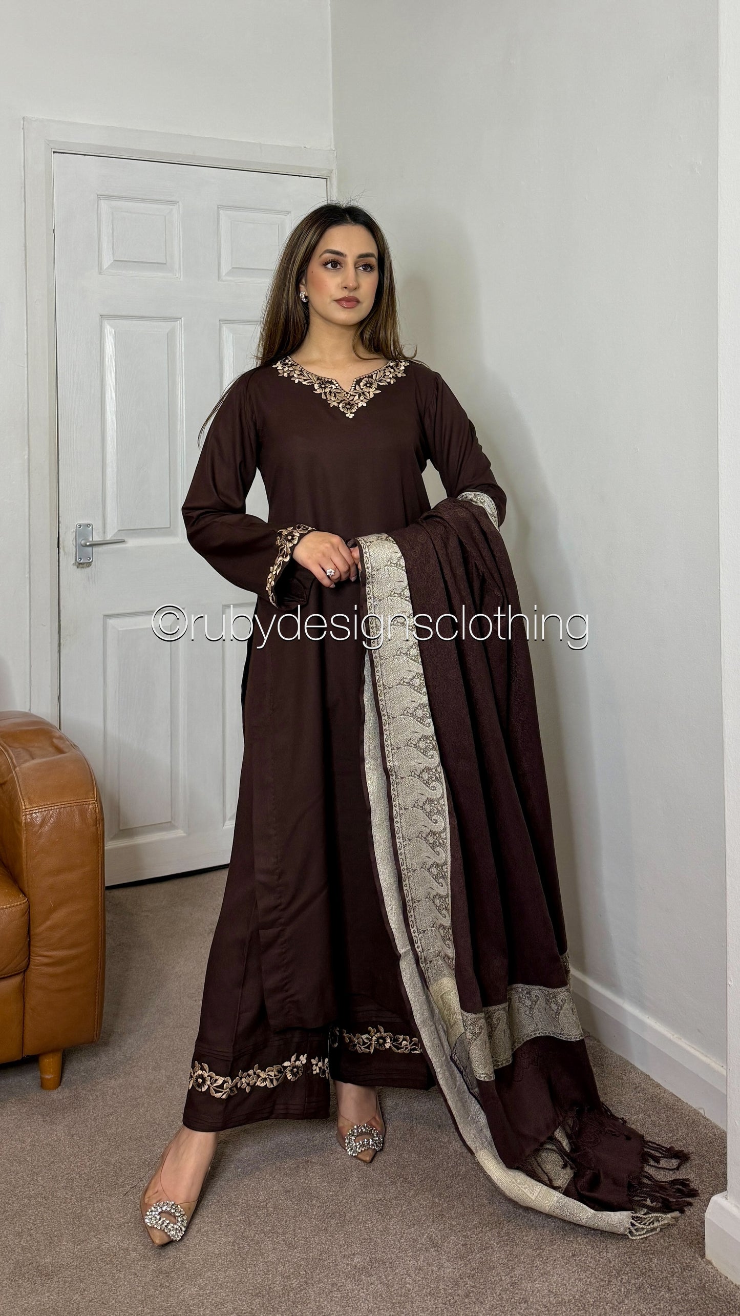 SAFIYA - 3 Piece Brown Marina Suit with Shawl