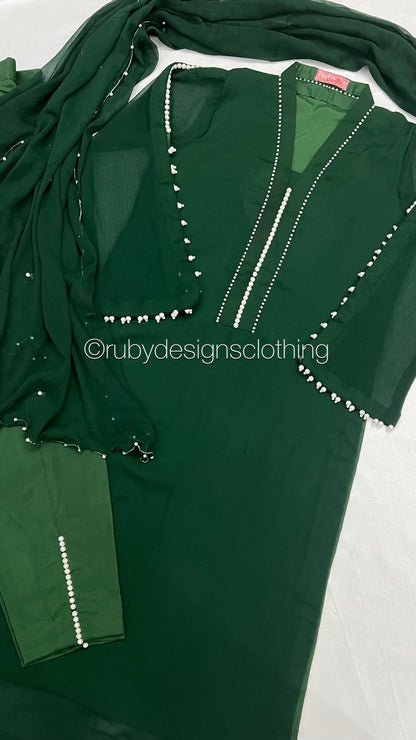 DUA Emerald - 3 Piece Emerald Chiffon Suit with Chiffon Dupatta and Pearls