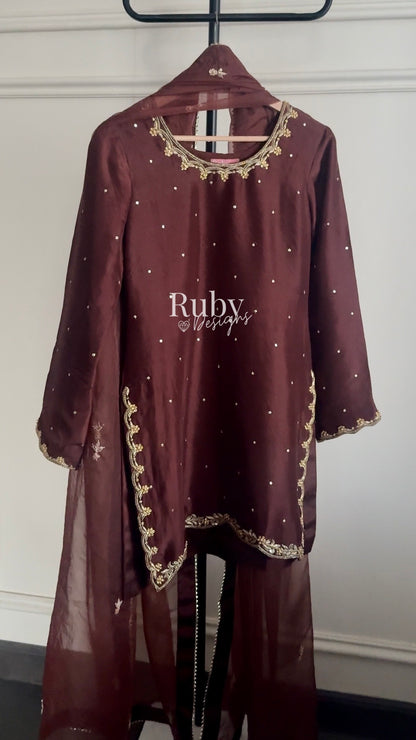 ZEBA Chocolate - 3 Piece Luxury Suit with Sharara