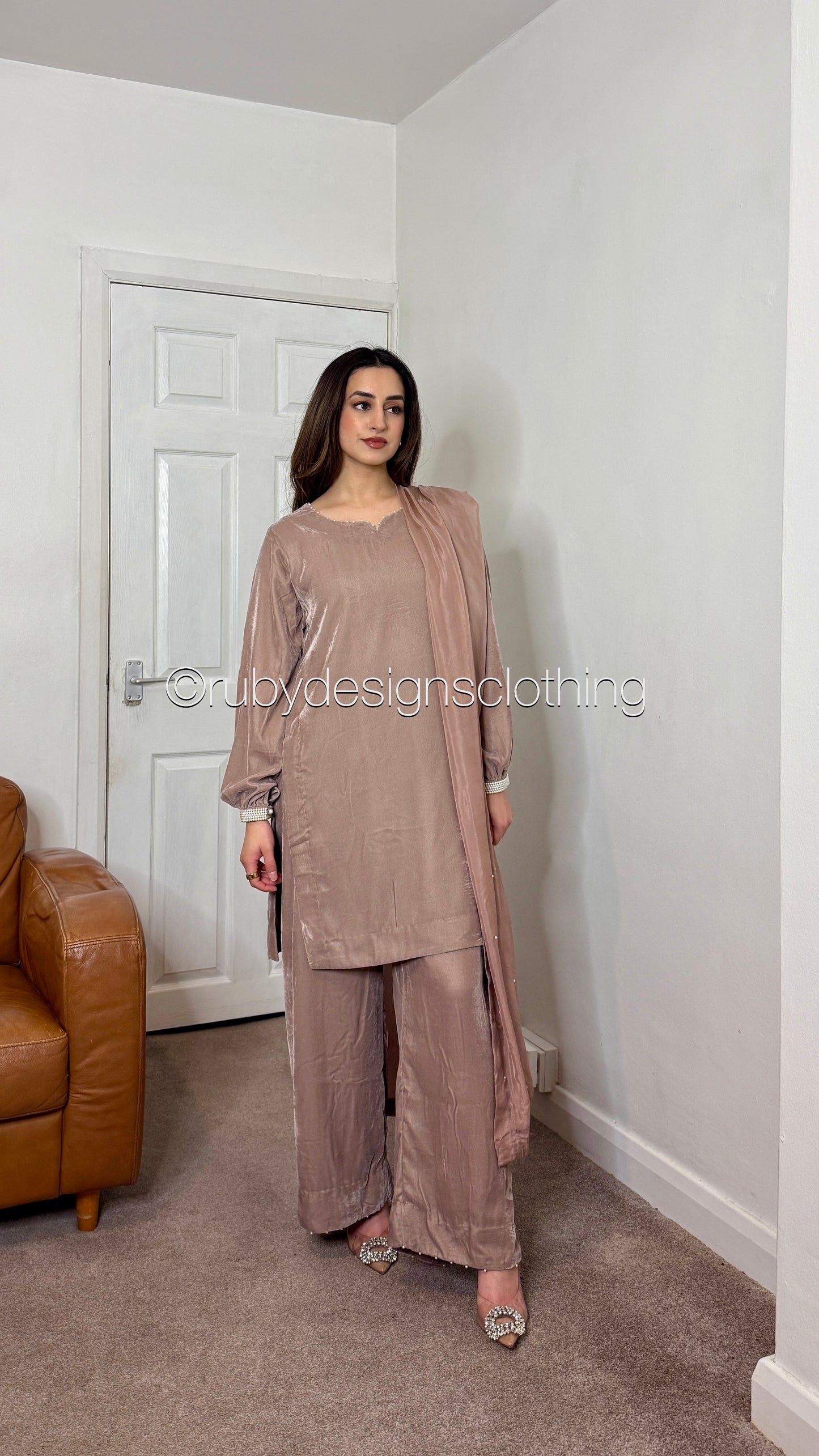ALIA - 3 Piece Nude Luxury Velvet Suit with Pearls