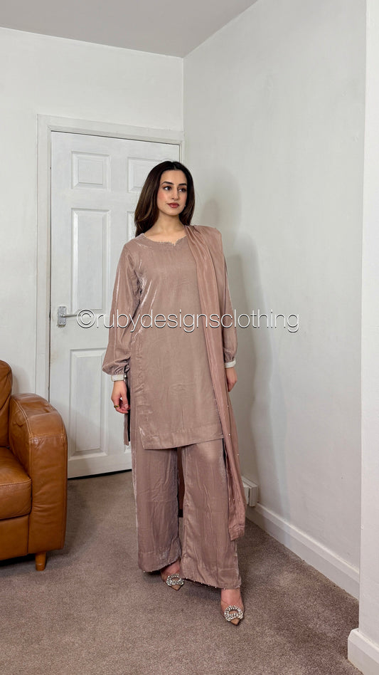 ALIA - 3 Piece Nude Luxury Velvet Suit with Pearls