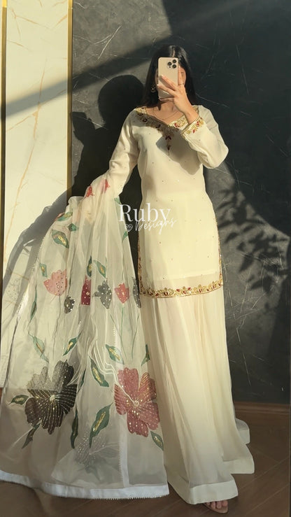 ZAIRA Ivory - 3 Piece Chiffon Sharara Suit with Hand Painted Dupatta