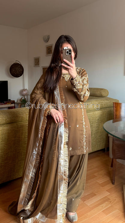 NAYRA Style 3 (Short Shirt) - 3 Piece Khaki Chiffon Suit with Shalwar