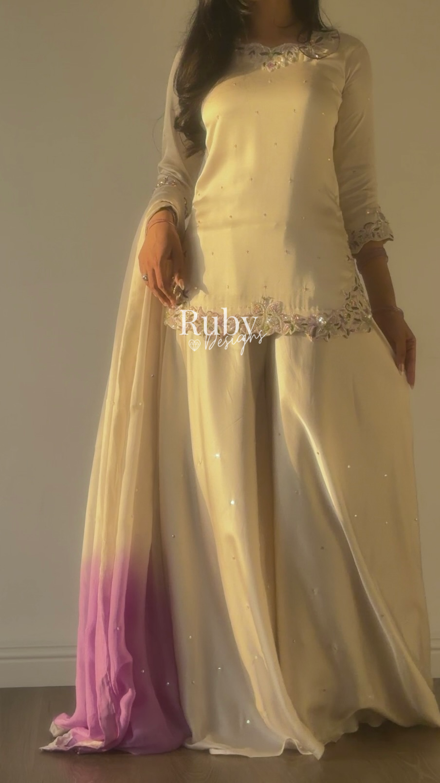 AMEERA - 3 Piece Off-White Silk Suit with Ombrè Dupatta