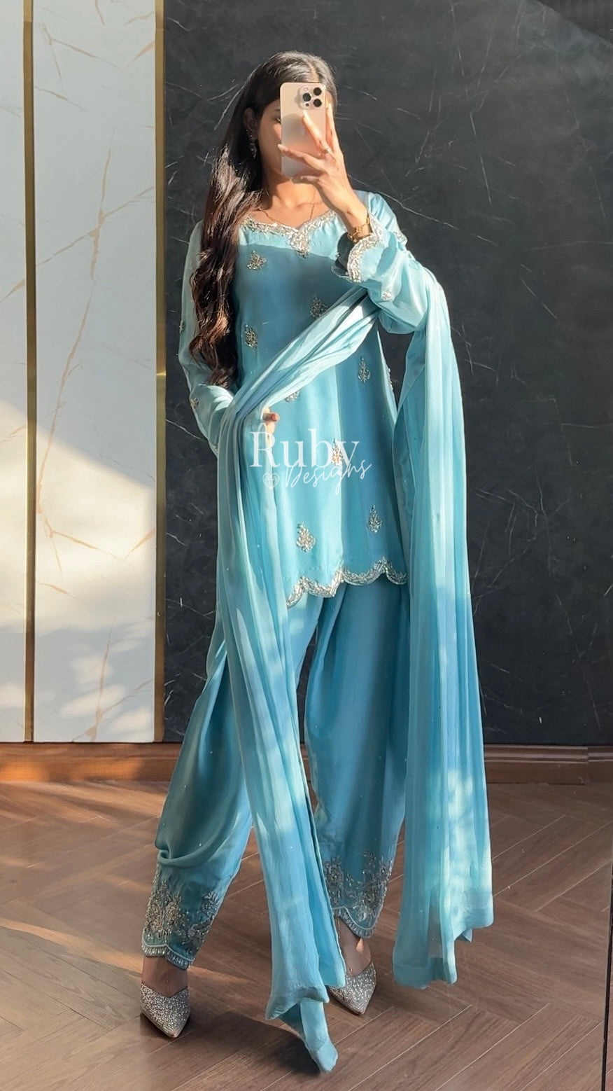 ATIFA Sky - 3 Piece Silk Suit with Shalwar
