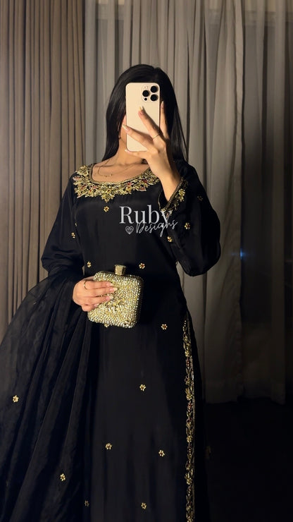 MEHRA - 3 Piece Black Silk Suit with Organza Dupatta