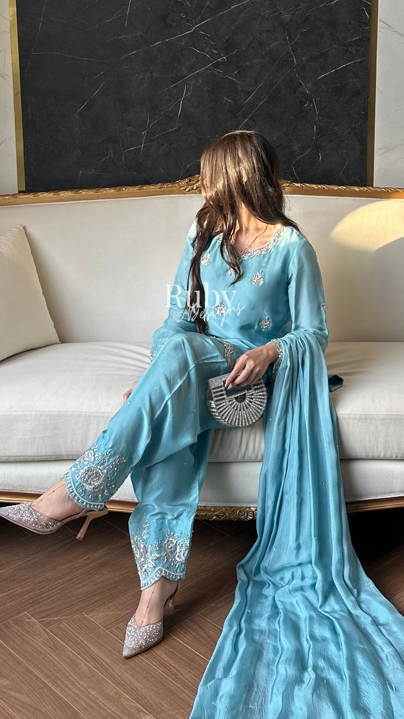 ATIFA Sky - 3 Piece Silk Suit with Shalwar