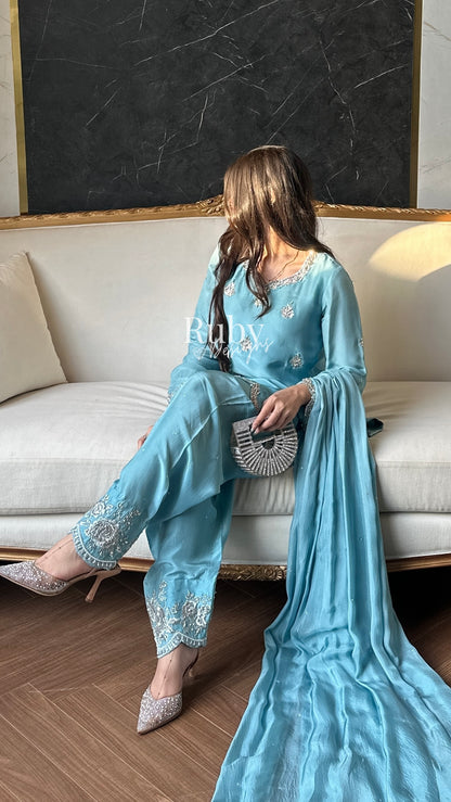 ATIFA Sky - 3 Piece Silk Suit with Shalwar