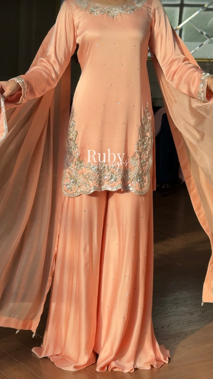 PARISA Peach - 4 Piece Silk Suit with Matching Potli Bag