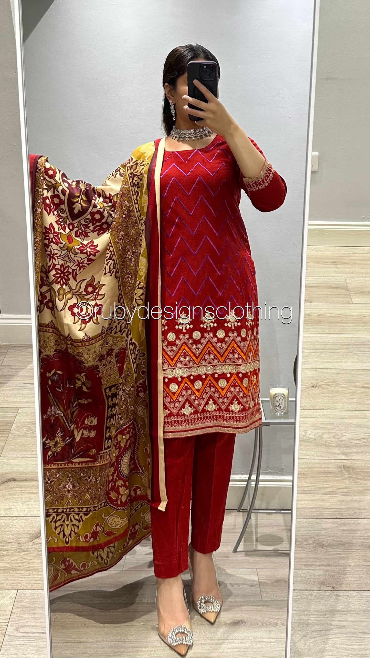 3 Piece Red Khaddar Suit with Shawl (8746816143573)