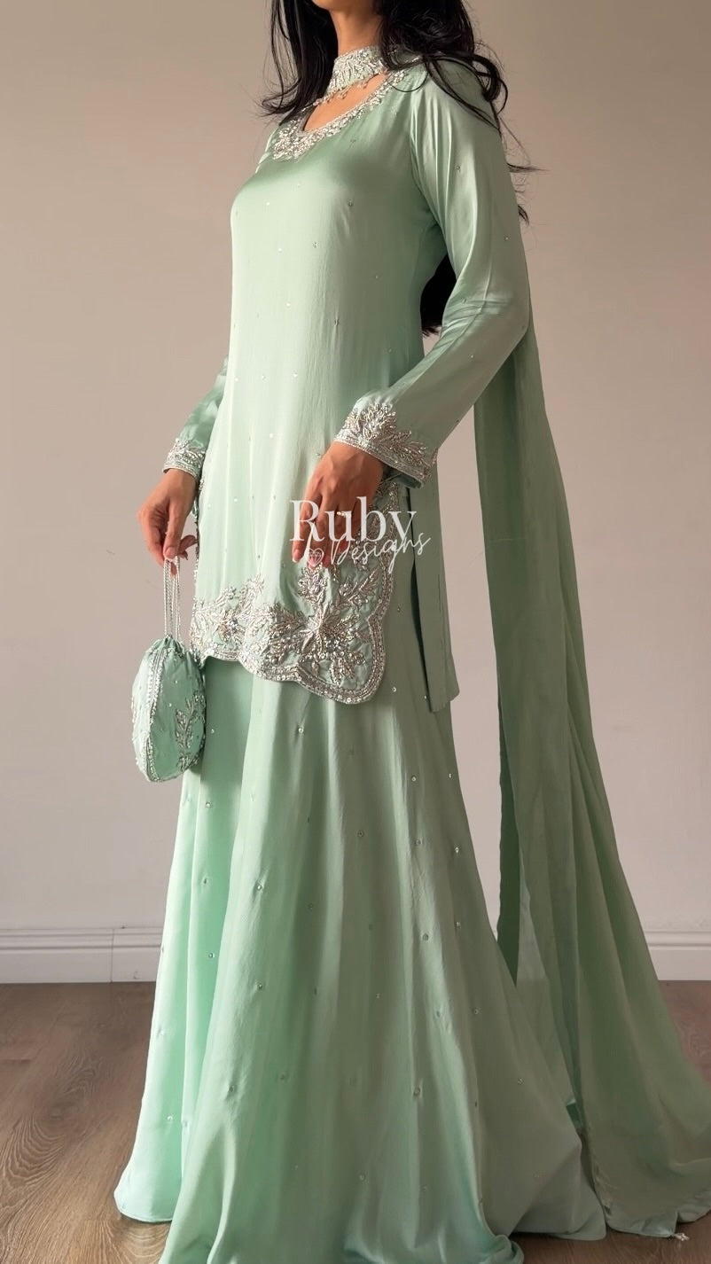 PARISA Sage - 4 Piece Silk Suit with Matching Potli Bag