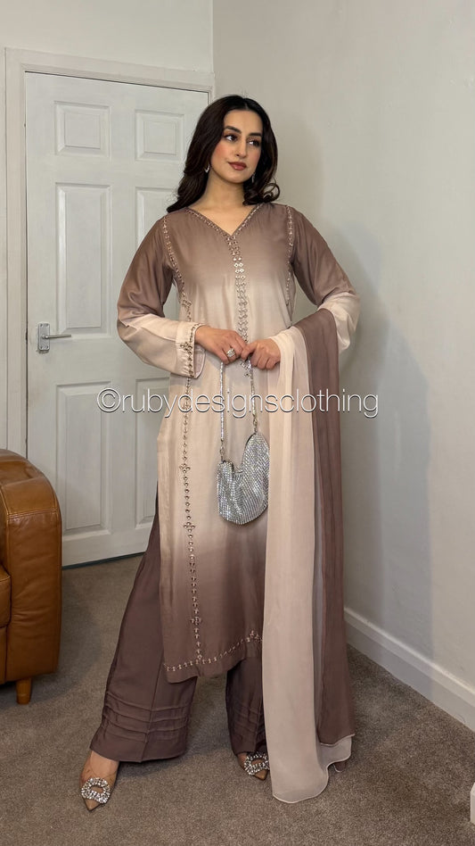 ARZOO Mocha - 3 Piece Ombre Brown Linen Suit with Chiffon Dupatta