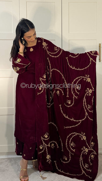 RAISA Cherry - 3 Piece Luxury Velvet Suit with Heavy Embellished Shawl