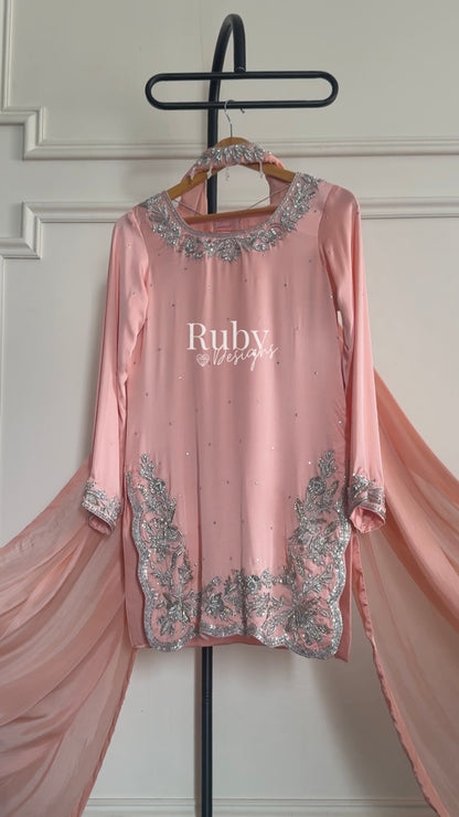PARISA Peach - 4 Piece Silk Suit with Matching Potli Bag