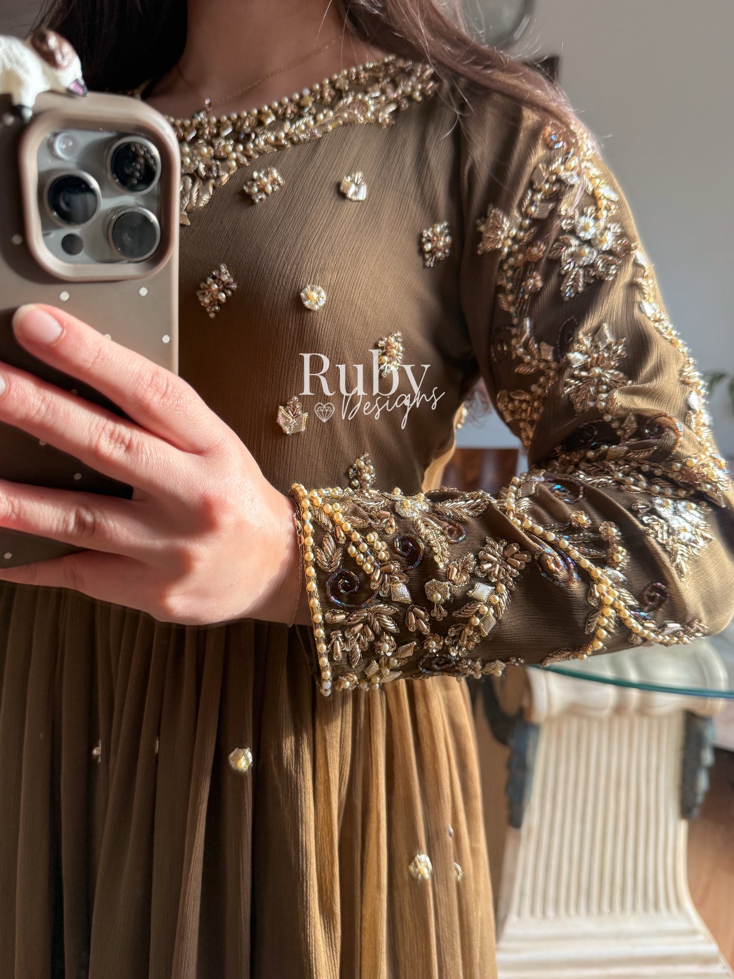 NAYRA Style 1 (Dress) - 3 Piece Khaki Chiffon Dress with Kiran Lace Dupatta and Churidaar Trousers