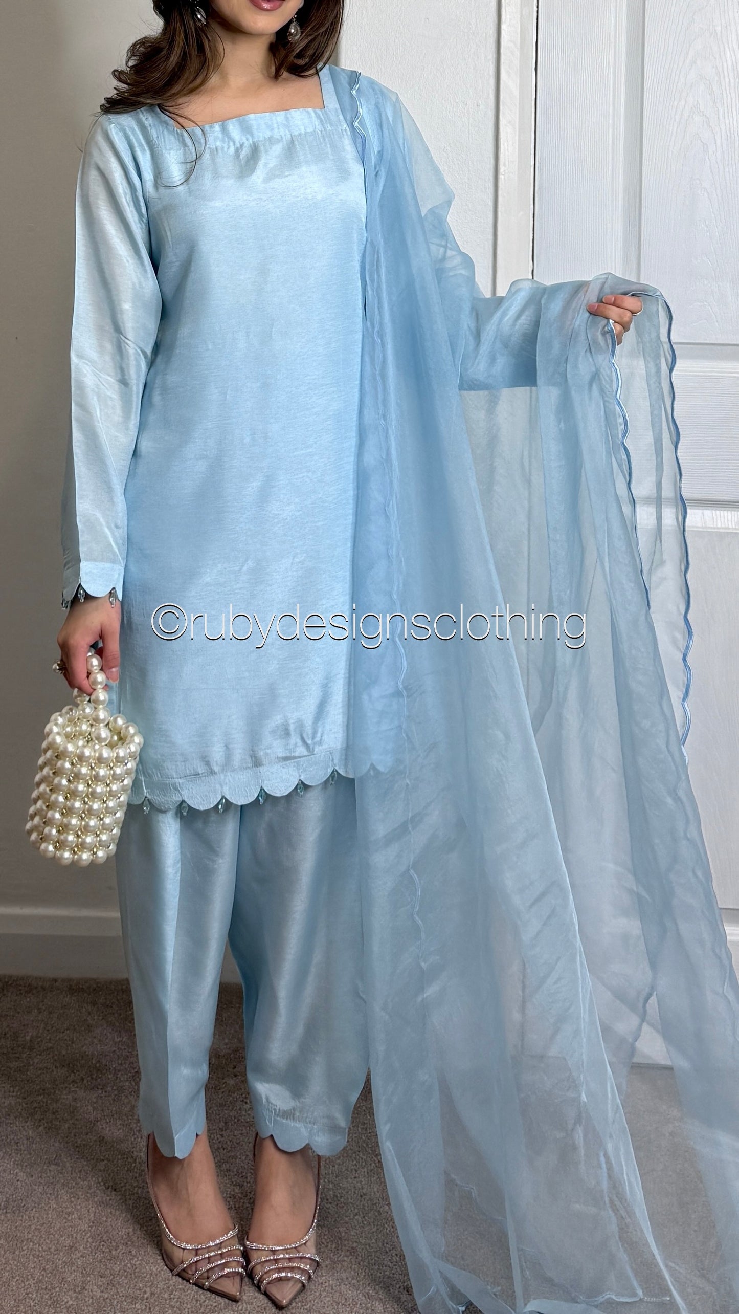 HAYAT Sky - 3 Piece Silk Suit with Skinny Shalwar