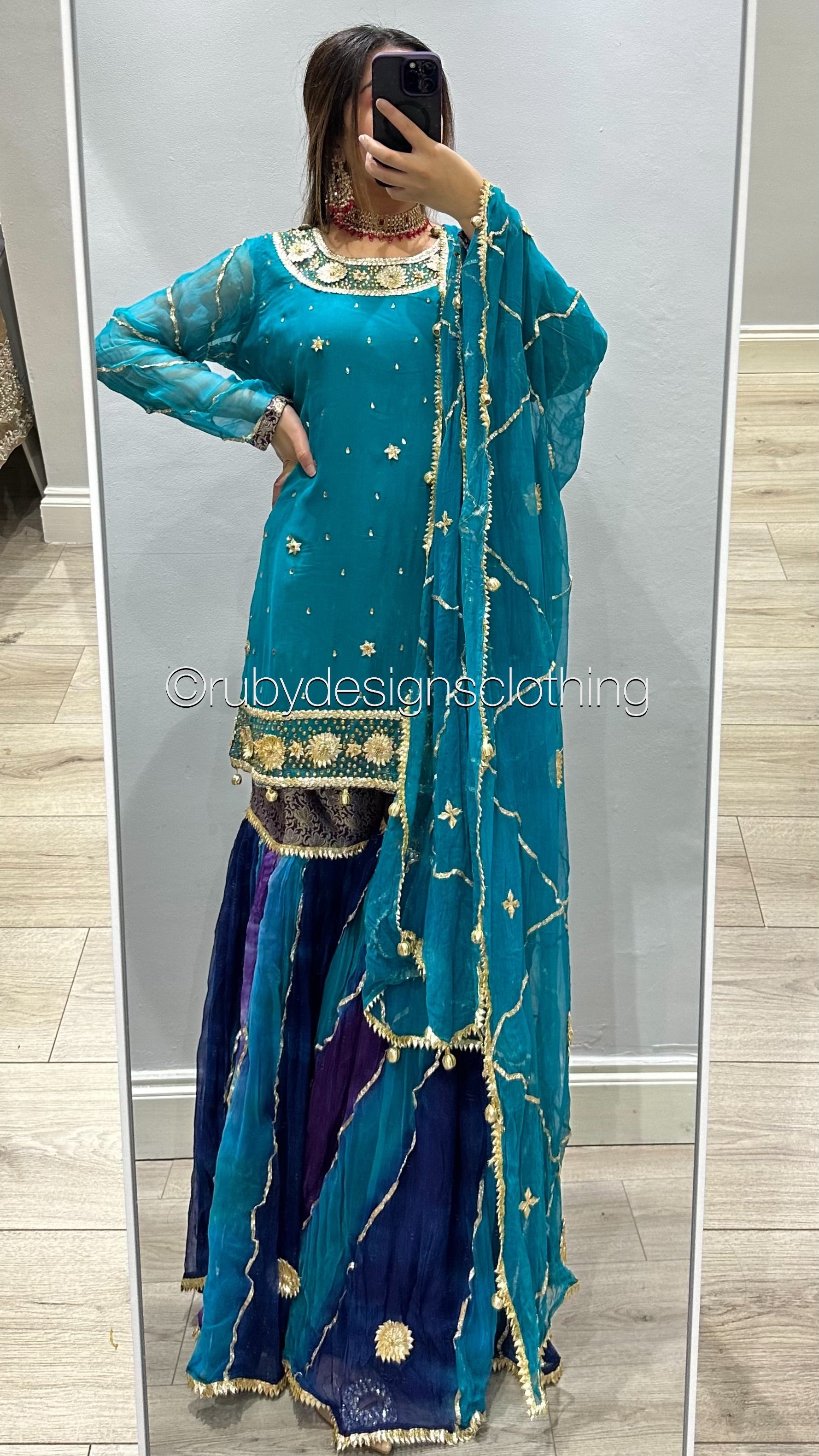 EXCLUSIVE SAMPLE - 3 Piece Blue and Purple Chiffon Suit with Gota Work and Sharara (8746852679893)