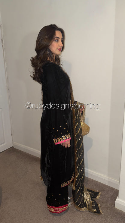 NAYAB - 3 Piece Luxury Velvet Suit with Gold Handwork